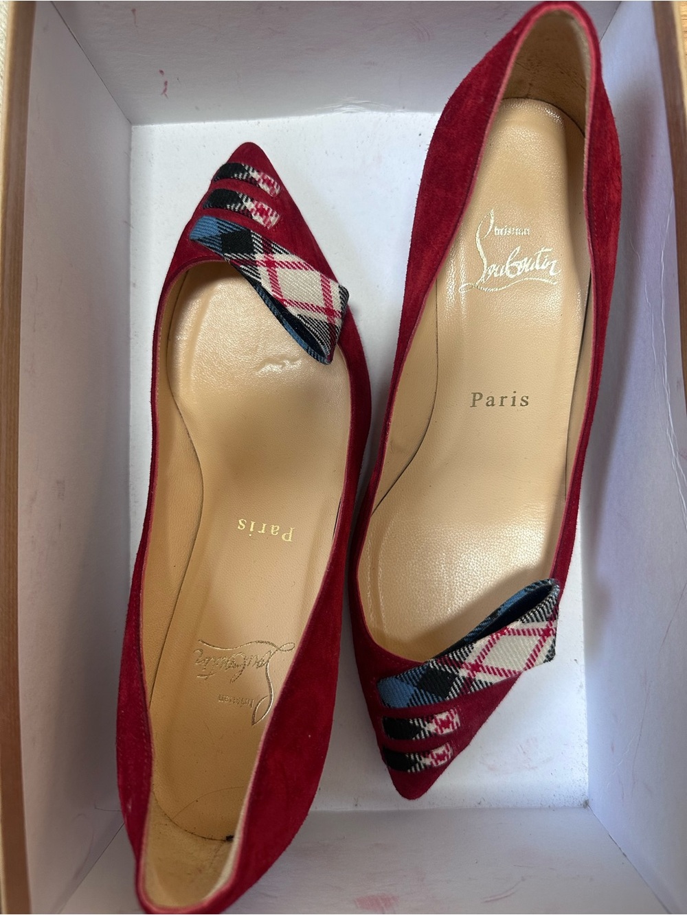 Christian Louboutin Red Suede Plaid-Trim Pointed Toe Pumps - Picture 4 of 5